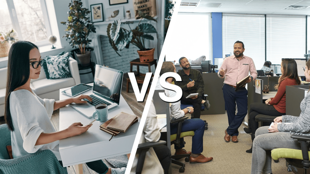 Split comparison image showing traditional office employee desk versus remote virtual assistant working on laptop
