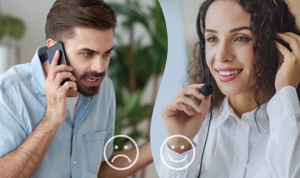 Customer looking frustrated at phone next to happy customer speaking with support agent